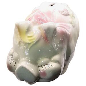 13.5" Ceramic SMILEY PIG Piggy Bank w/ Pink Bow Lucky Shamrocks & Flower Buds